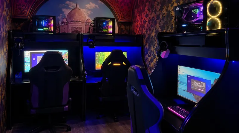 Private PC room with three gaming PCs beneath an arched palace mural
