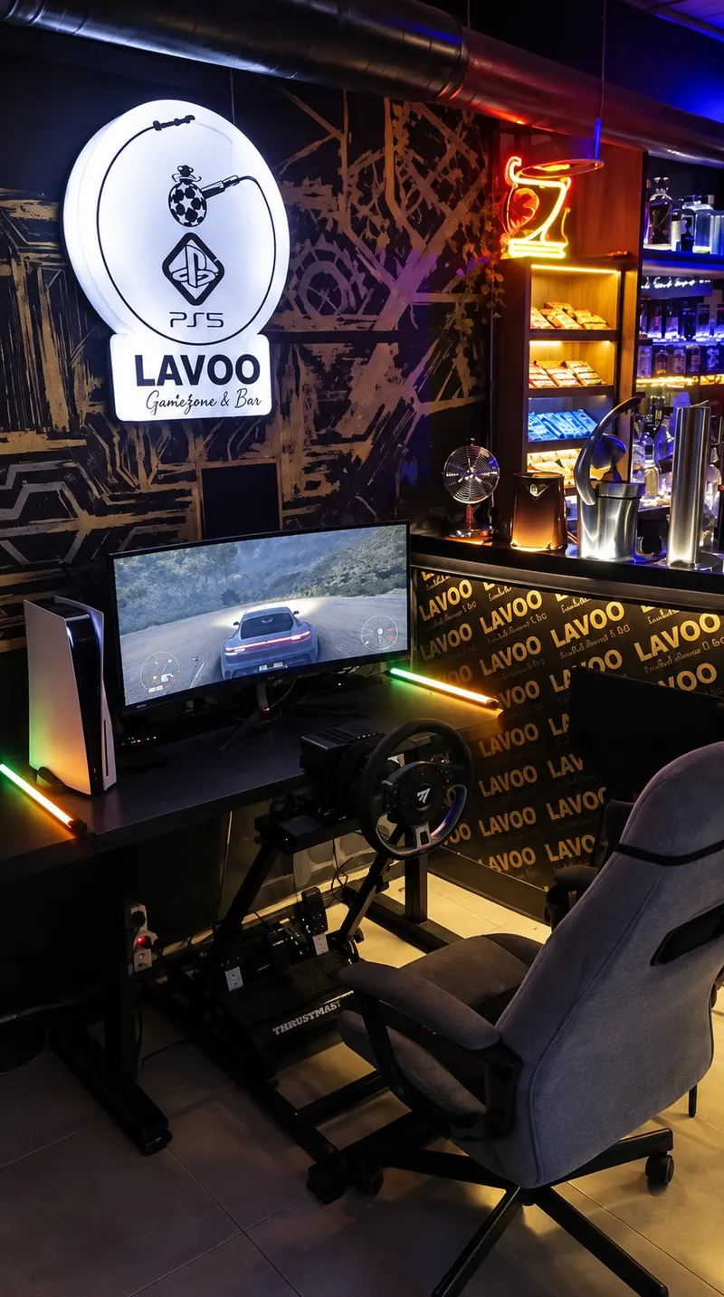 Racing sim with steering wheel, pedals and curved monitor under the Lavoo sign